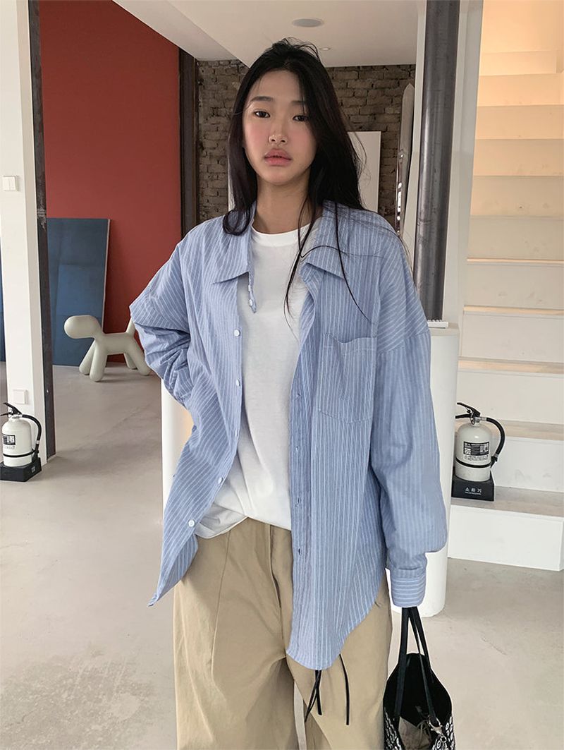 HOMME NECK POINT STRIPE SHIRT