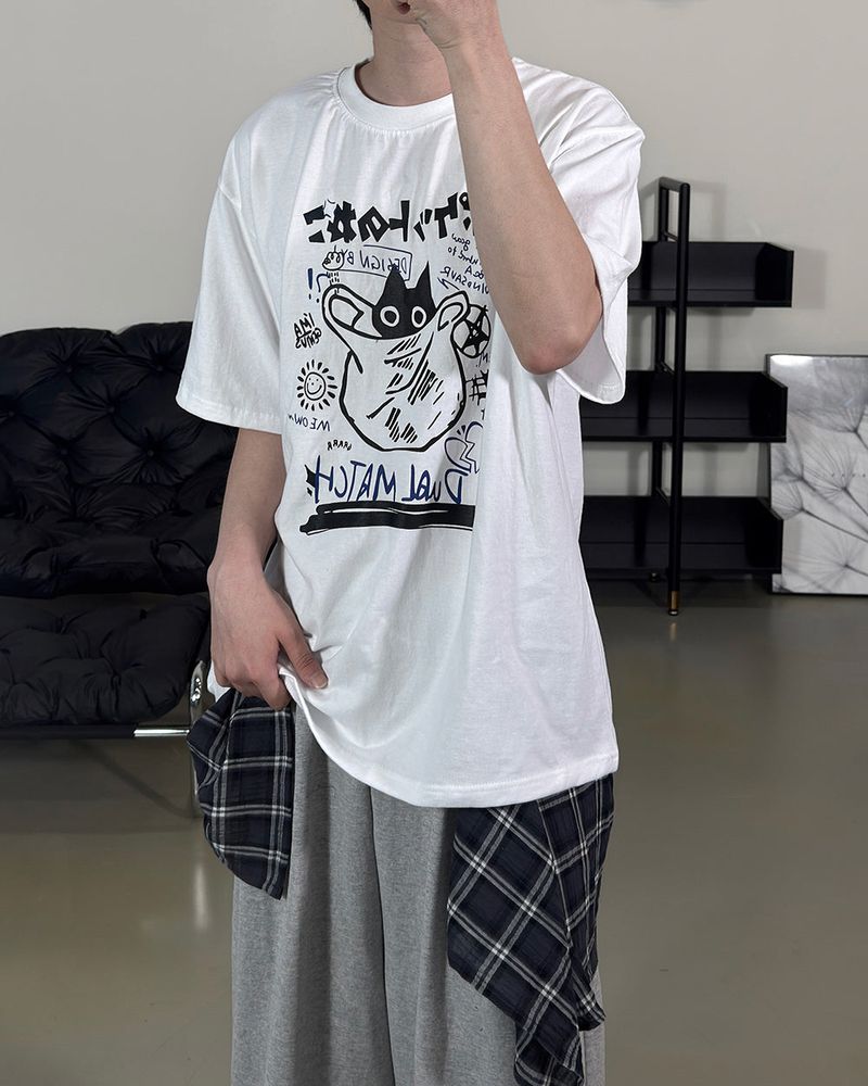 Niporu Cat Graphic Oversized Short Sleeve