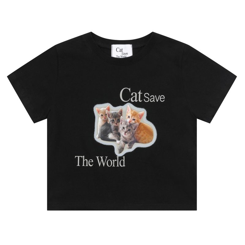 Cat Save The World Kitten half T (White, Black)
