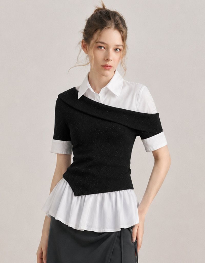 TWEEDY-A（ツウィーディア）の「Fria Glitter Off-Shoulder Layered Summer Knit Top Black（Tops）」