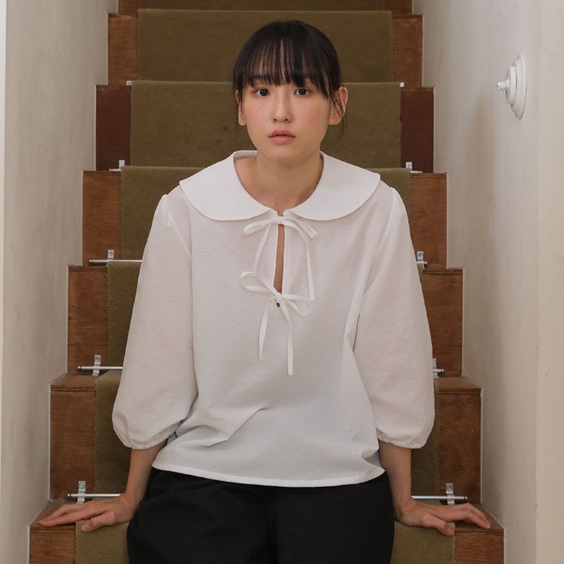 White Seersucker Ribbon Blouse
