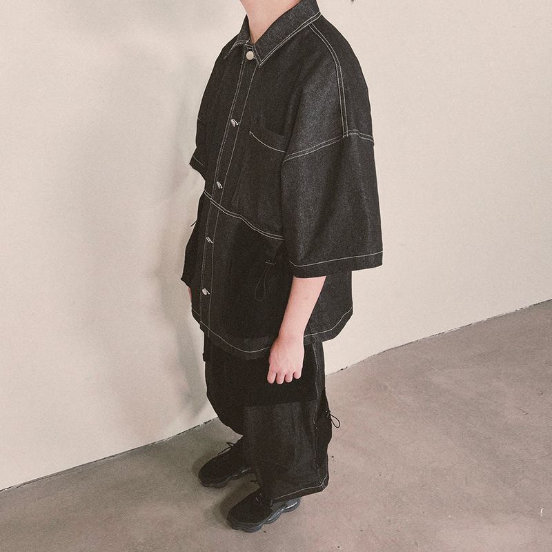 reverse terry pocket denim shortsleeve shirt_black