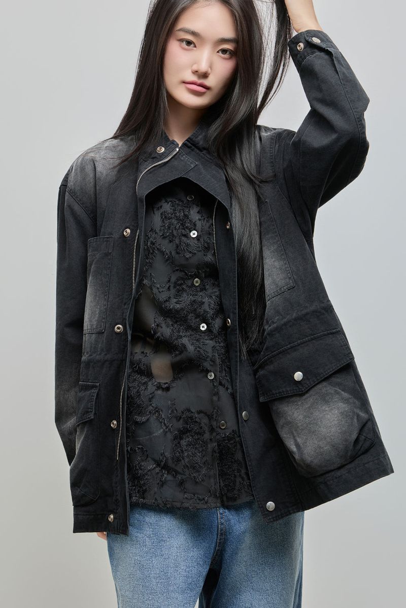 Feather Lace Overfit Shirt_Black