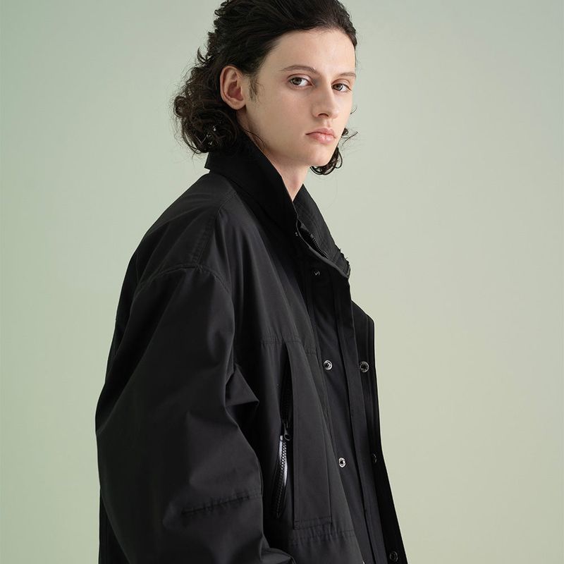 Poly Cotton RIB Double Placket Long-Jacket - BLACK