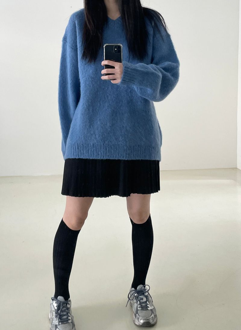 Blue Mohair V neck Knit 