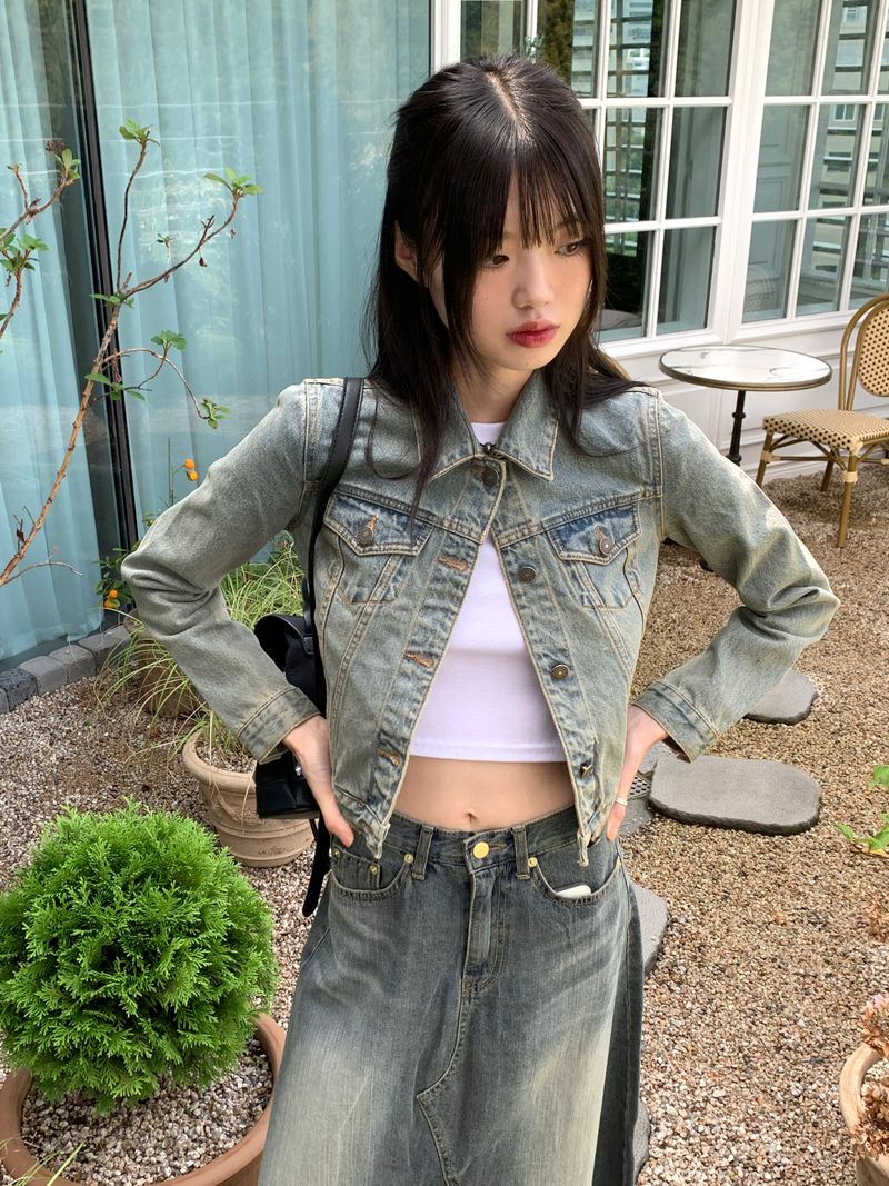 WONDER WONDER（ワンダーワンダー）の「Runma Vintage Washed Slim Crop Denim Jacket（Jackets/Outerwear）」