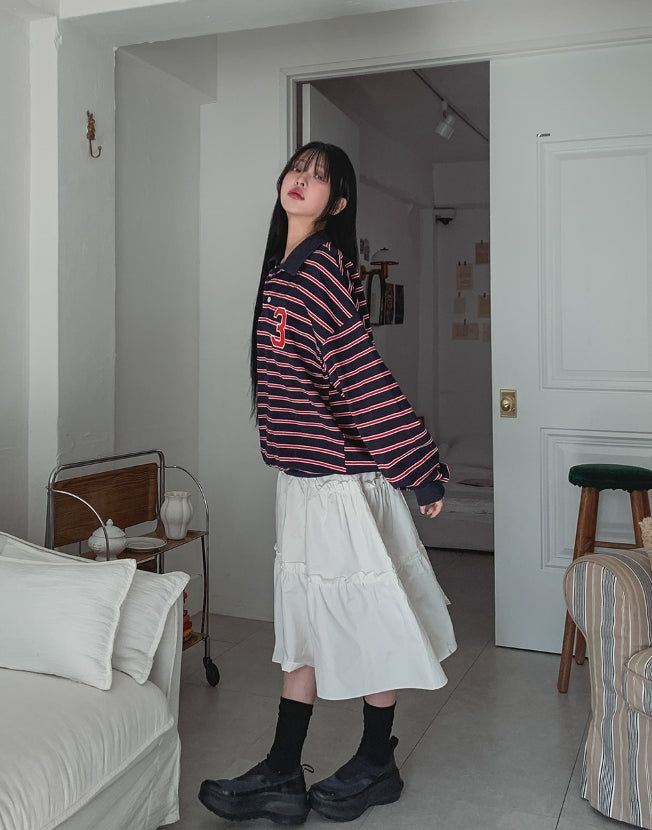 Arc collar patch stripe balloon sweatshirt