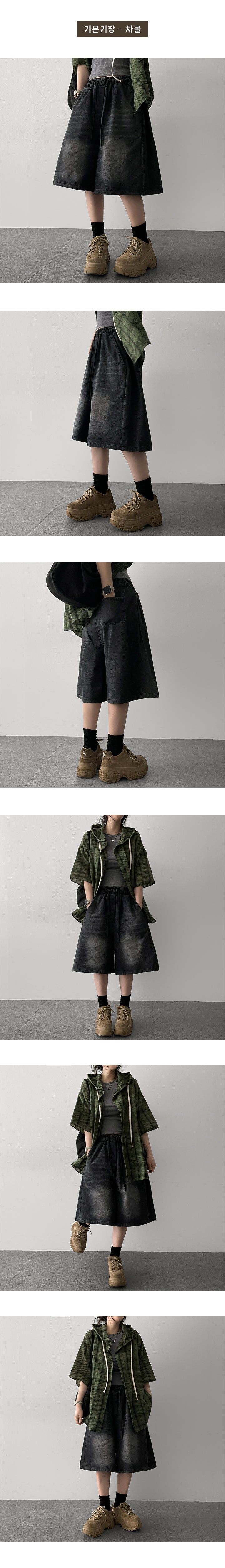 [Basic & long] Ichi banding side pintuck pleated denim Bermuda shorts