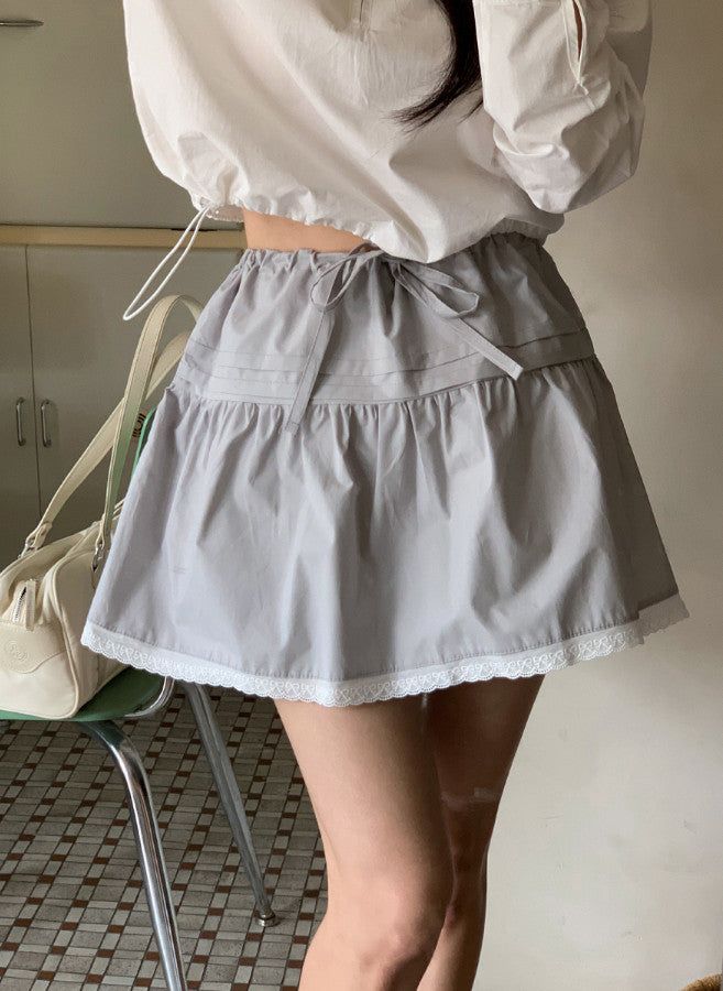 Pintuck String Ribbon Lace Mini Skirt (3color)