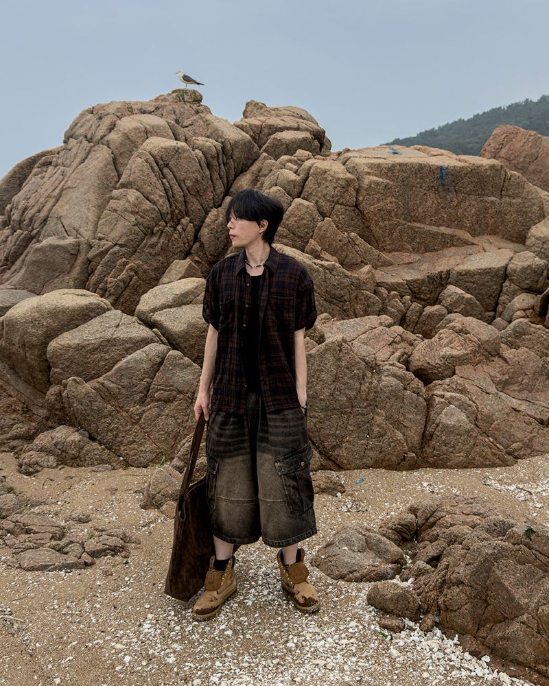 Embossed Texture Check Roll-Up Shirt