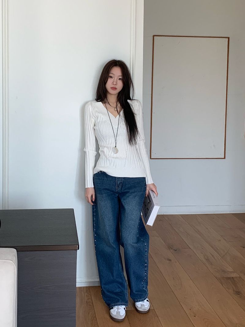 Sia Ball Stud Wide Denim Pants