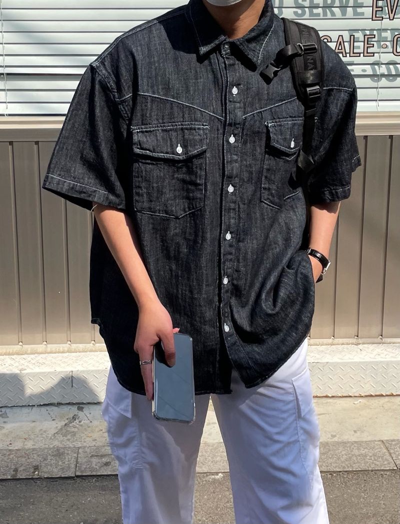LINEN WESTERN DENIM HALF SHITRS(2COLOR)