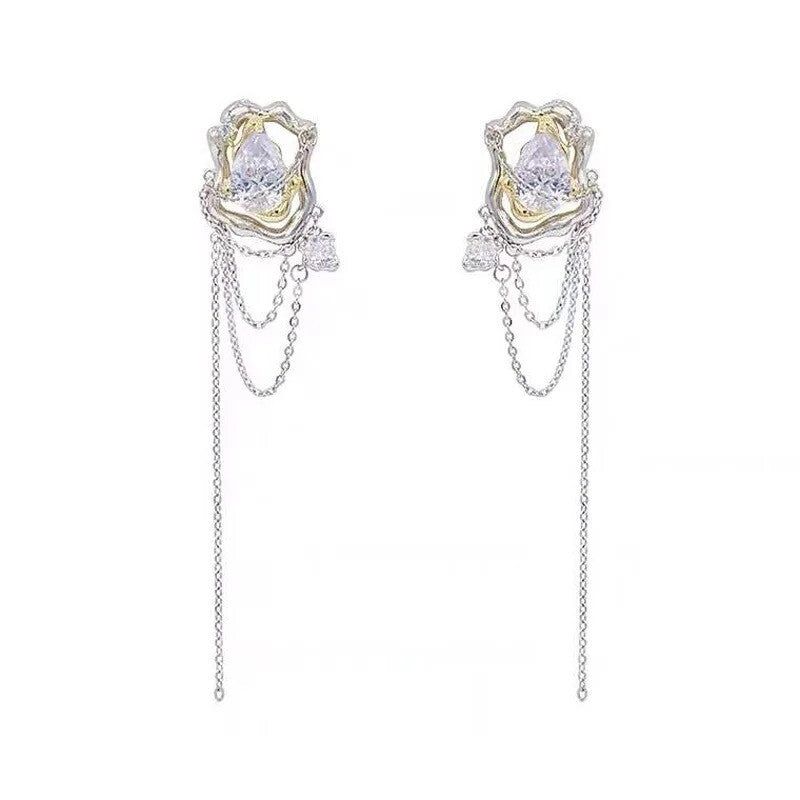 0067 Silver needle chain dropped earrings