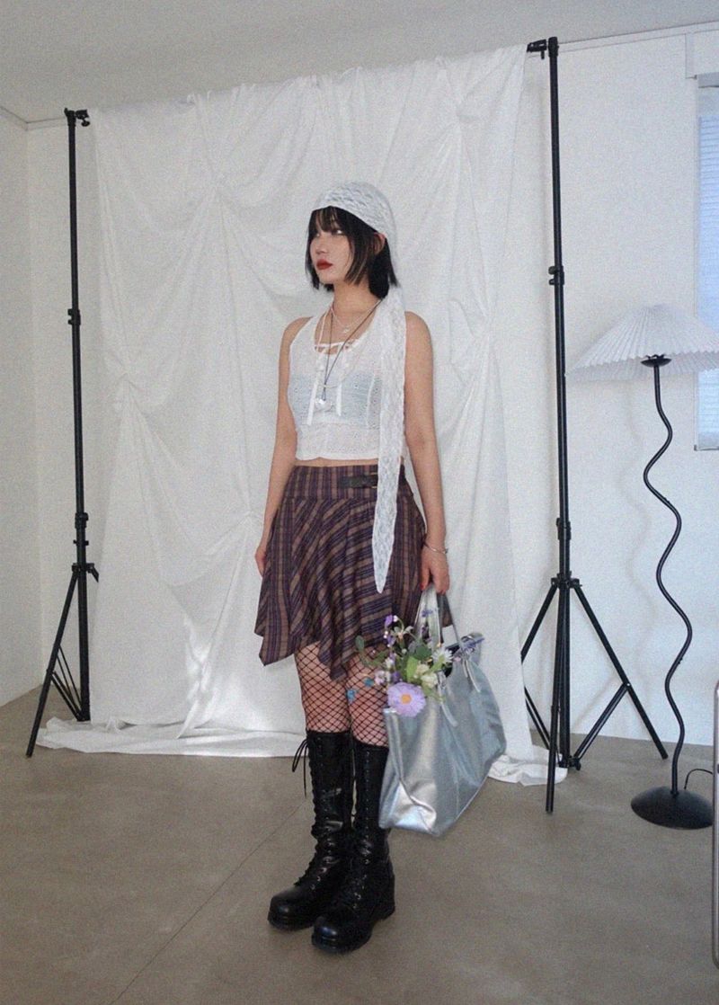 VINTAGE STRIPE ASYMMETRICAL BUCKLE WRAP SKIRT