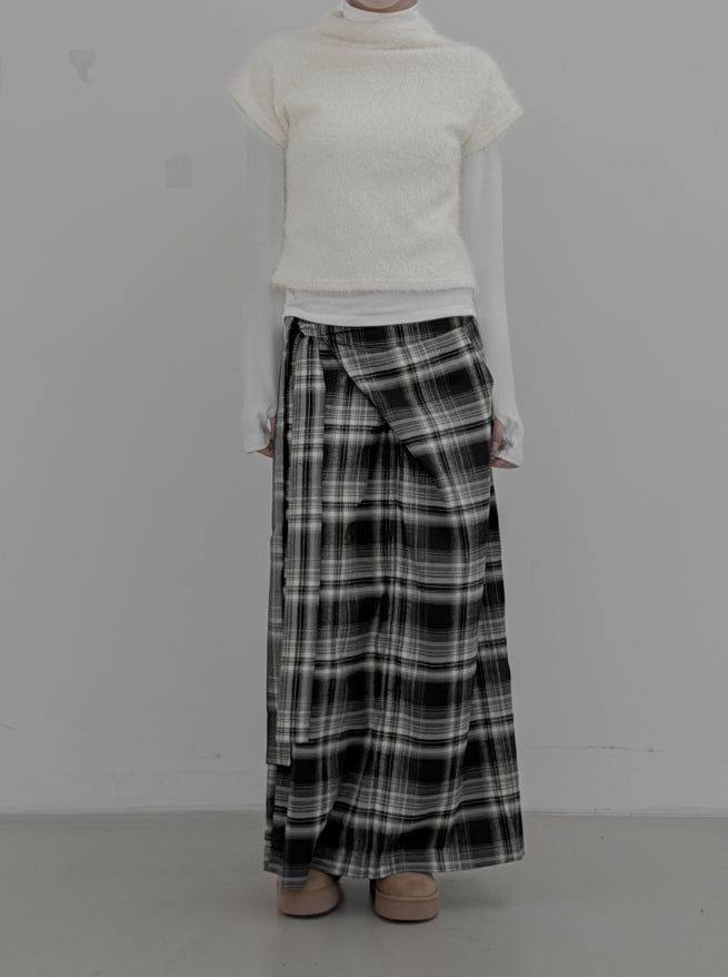 Check Strap Wrap Long Skirt