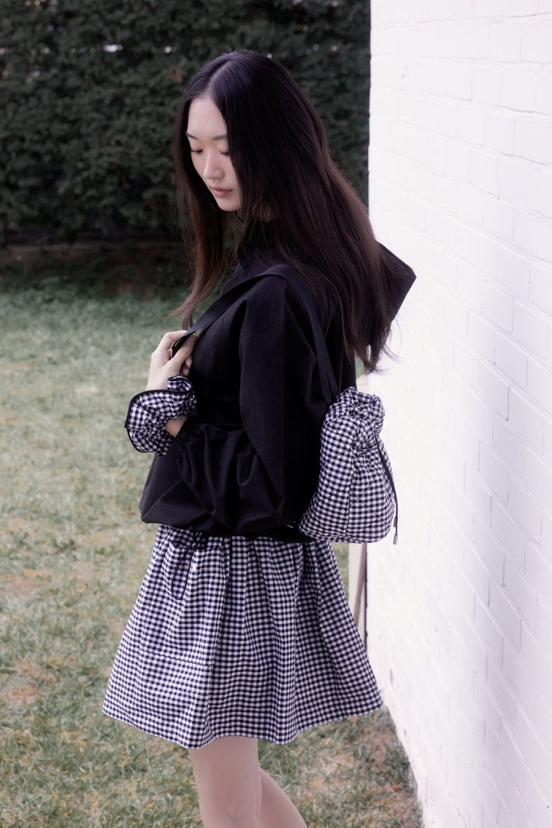 Gingham check pocket shirring mini skirt (BLACK)