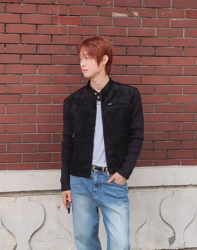 Laden Suede Knit Mix Crop Rider Jacket