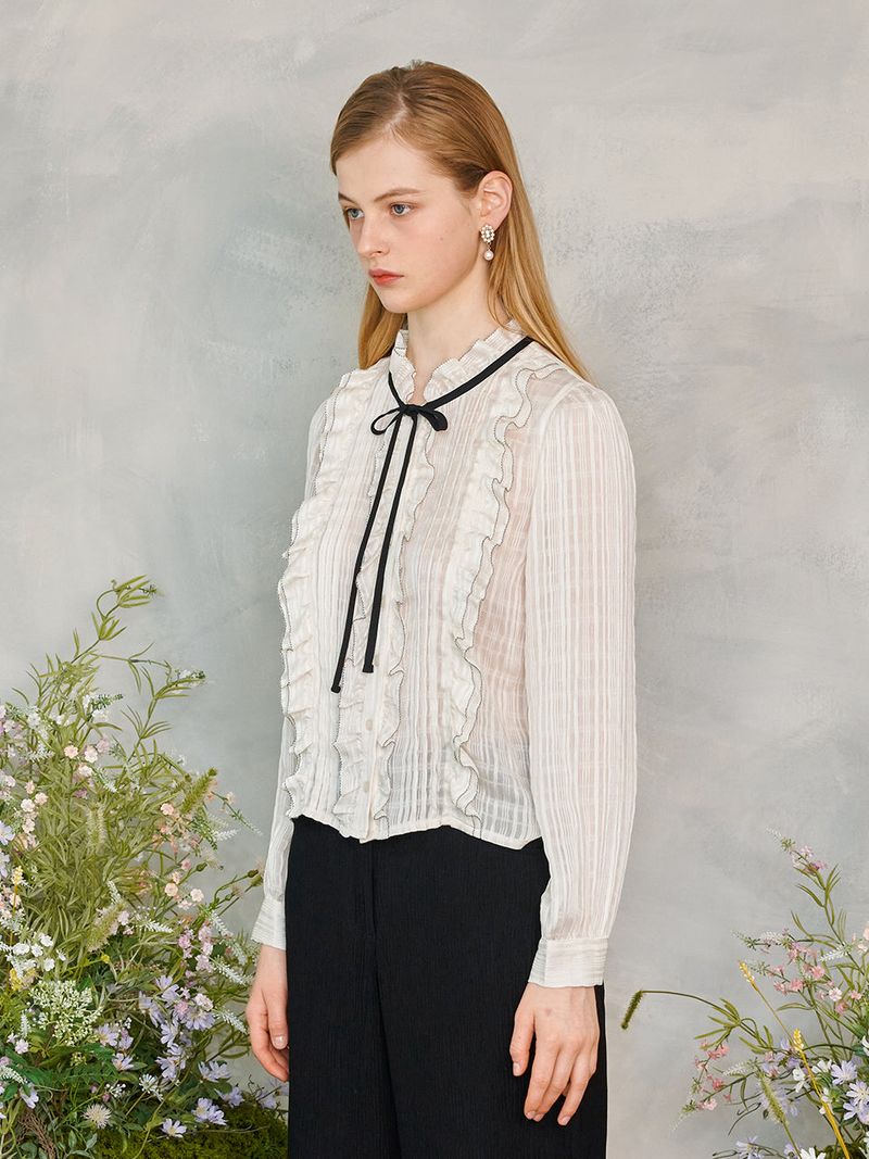 Frill Shirring Ribbon Blouse