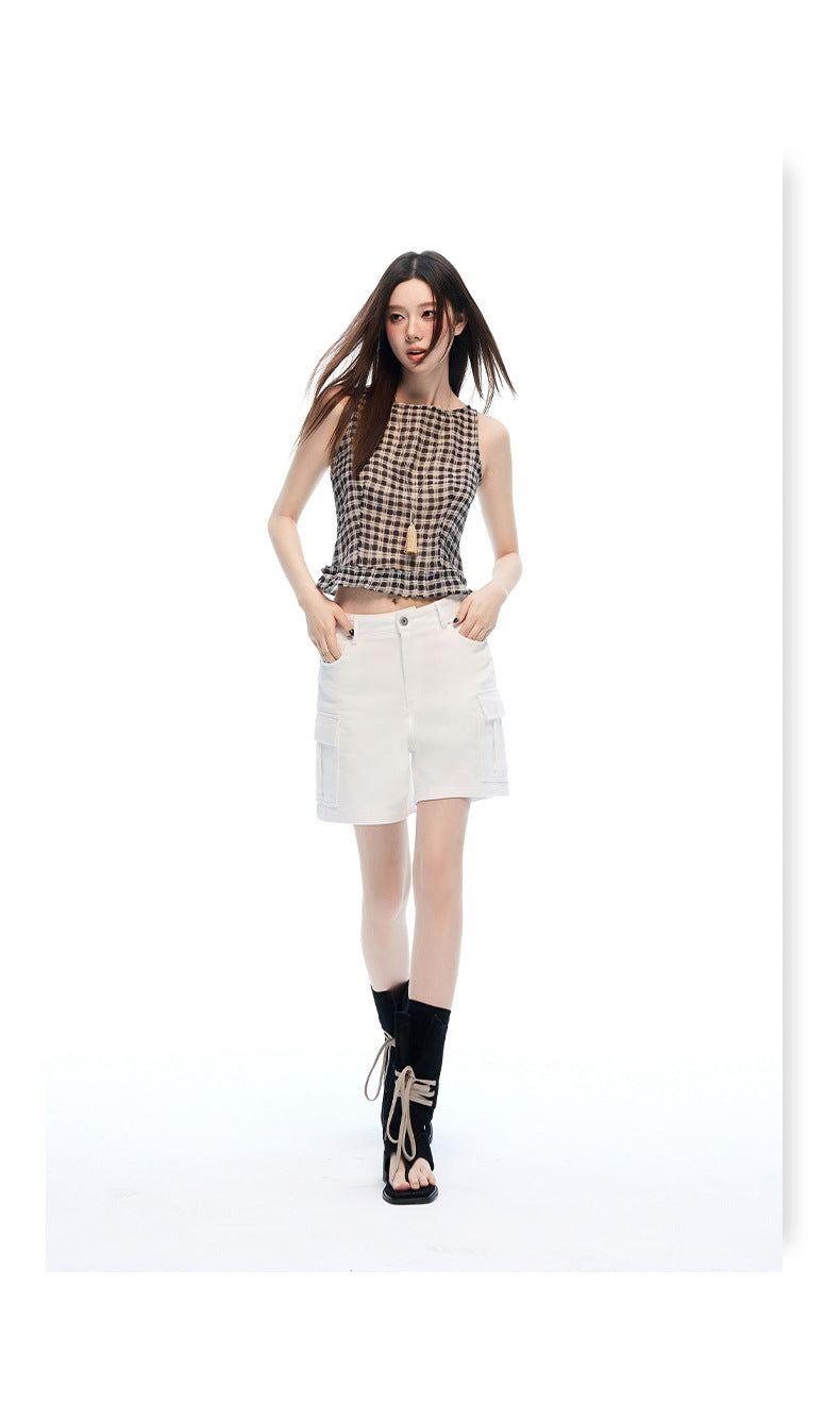 Mid Rise White Cargo Wide Leg Bermuda Shorts