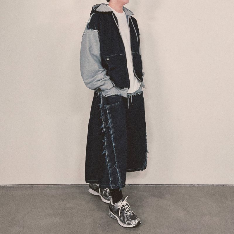 layered deconstructed denim capri shorts_blue