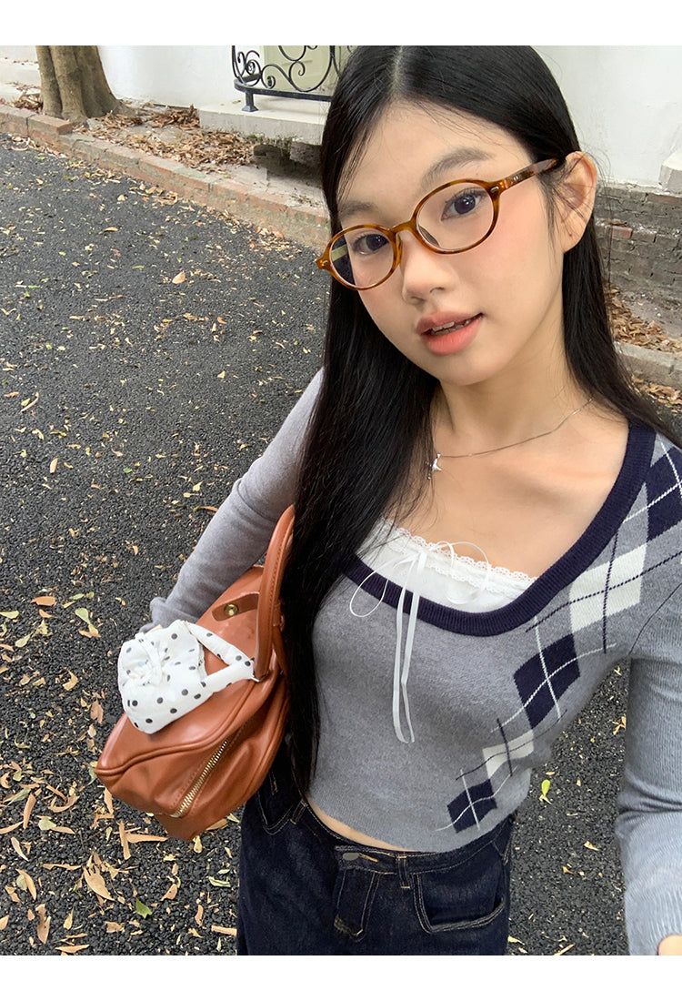 Argyle Square Neck Long Sleeve Knit T-shirt
