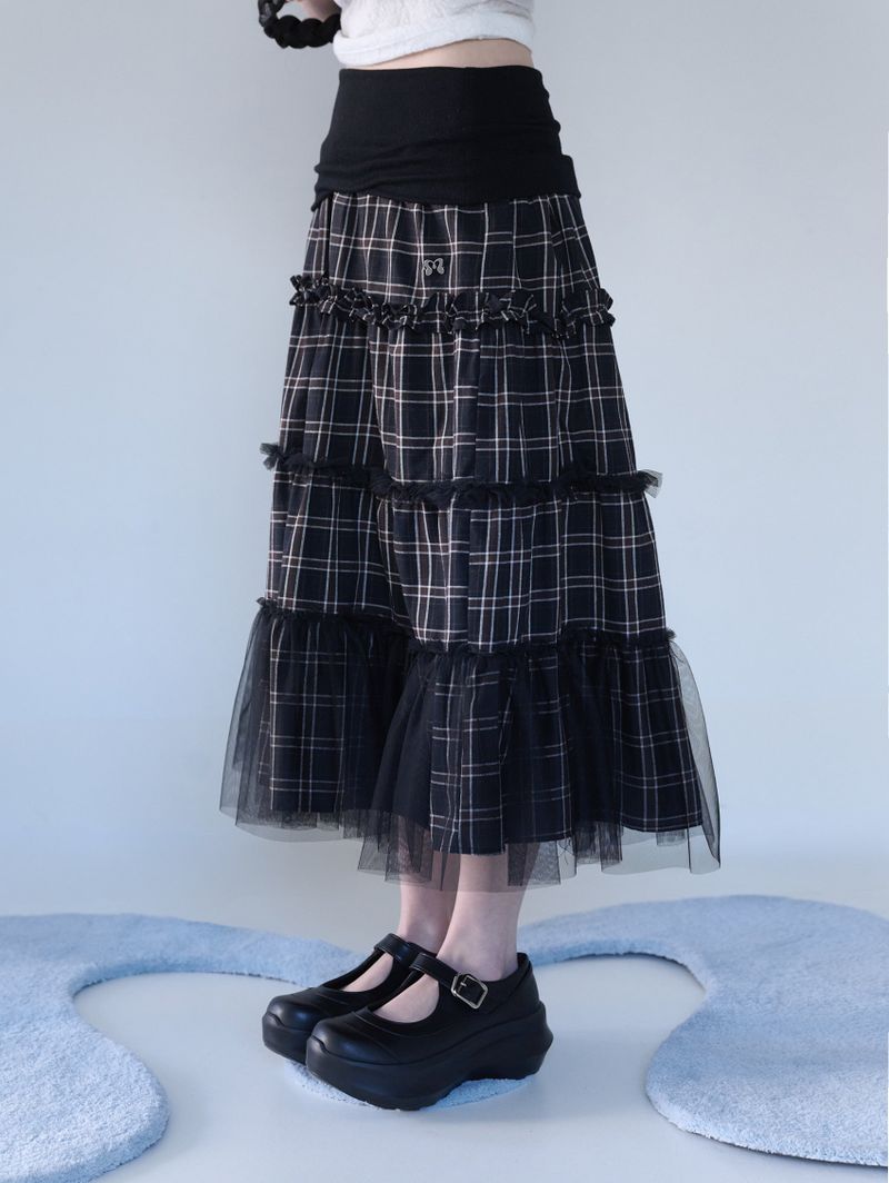 FOLDED CHECK FRILL MESH SK BLACK