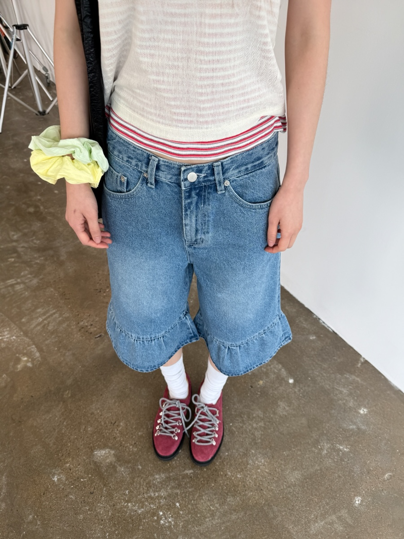 denim frill bermuda pants