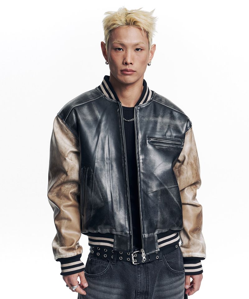 Dirty Washed Leather Varsity Jacket - Black