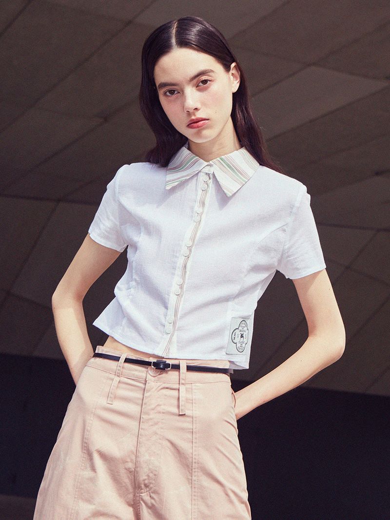 [LINE] Two Button Stripe Blouse (Ivory)