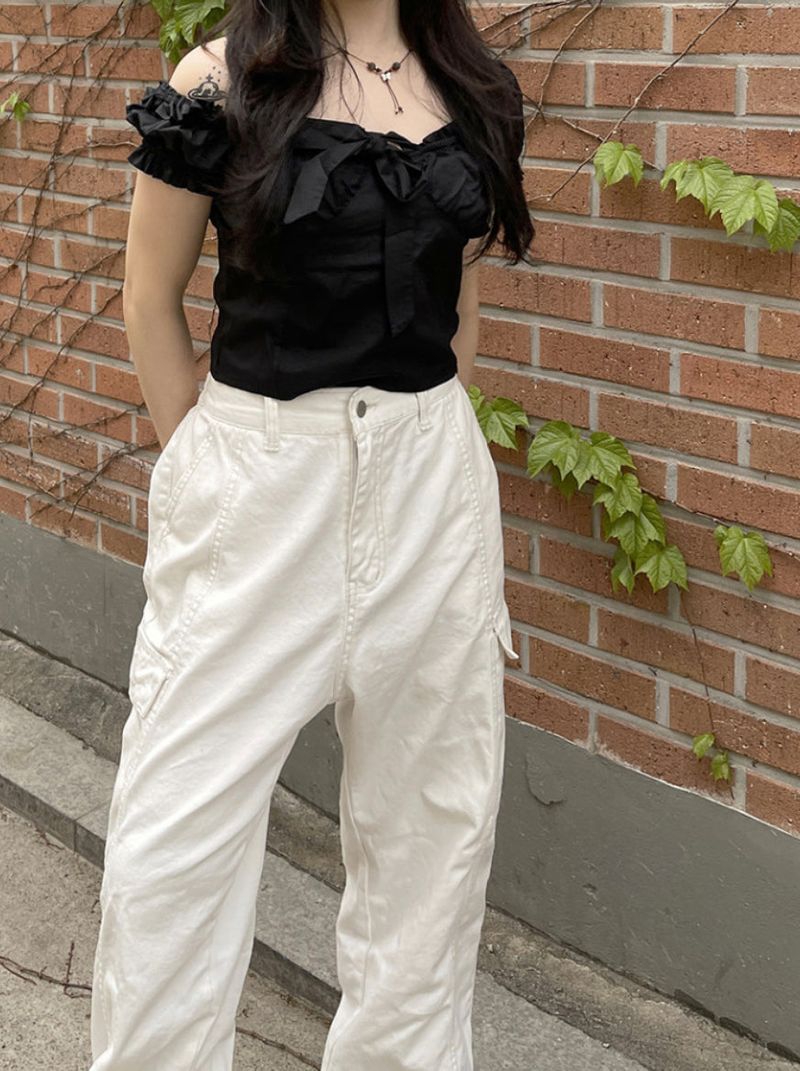 Stitch Wide Cotton Cargo Pants