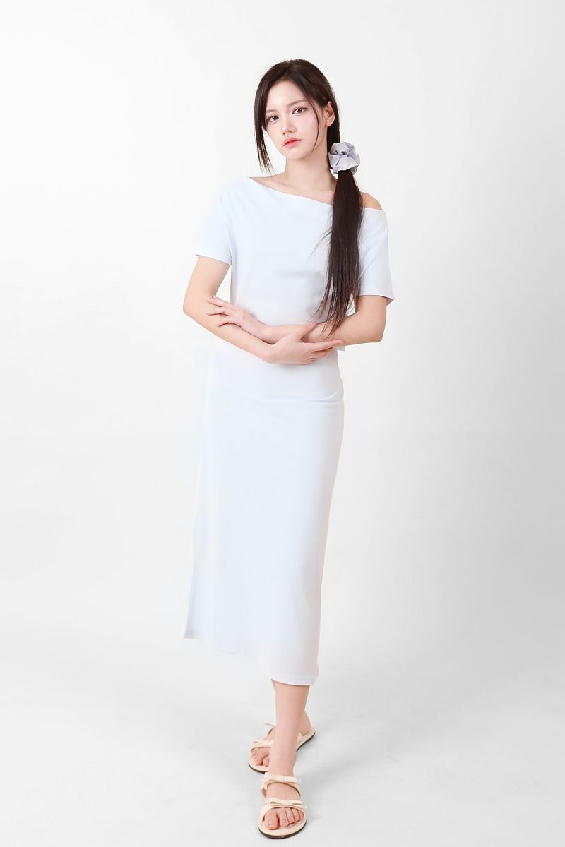 Off-Shoulder Slit Long Onepiece Sky Blue