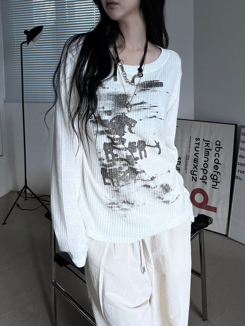printed ribbed long sleeves (2color)