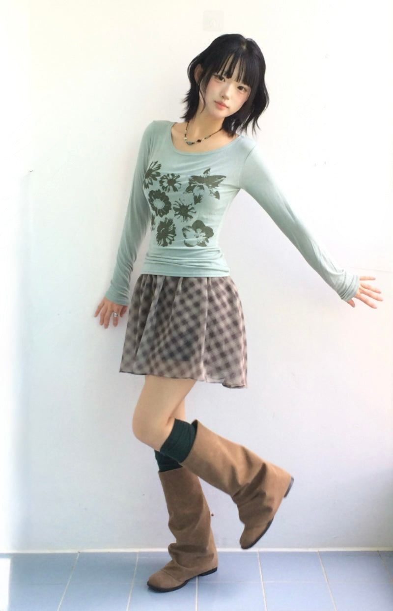 Blooming Check Chiffon Skirt