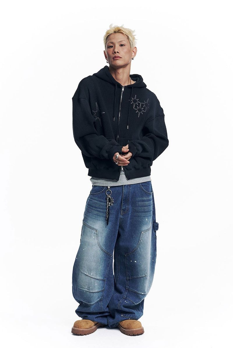 Washed Star Waffle Hooded Zip-Up - Black