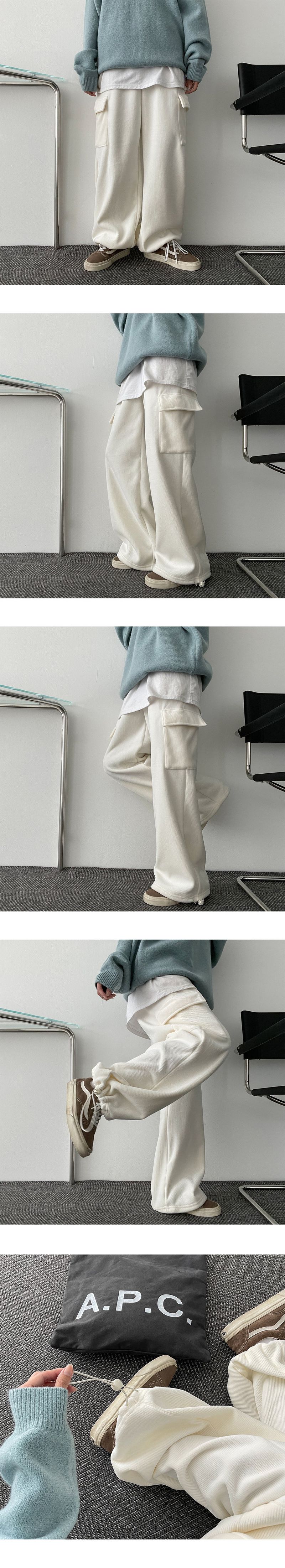 Lintbelo A Fleece-Lined Wool Lining String Ribbed Cargo Wide Pants