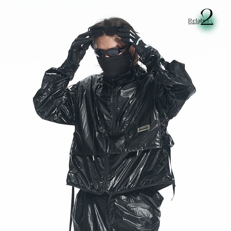 RELABEL Black High-Density Futuristic Deformable Backpack With Multiple Drawstrings, Casual Jacket