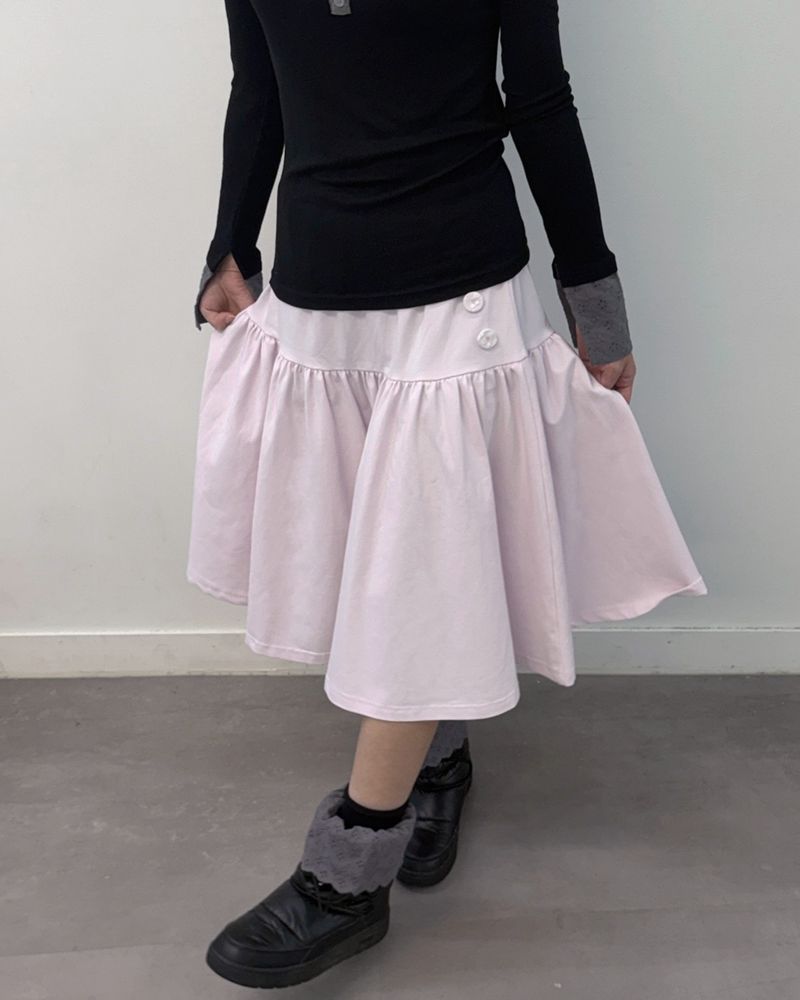 Lace Button Shirring Skirt (pink)