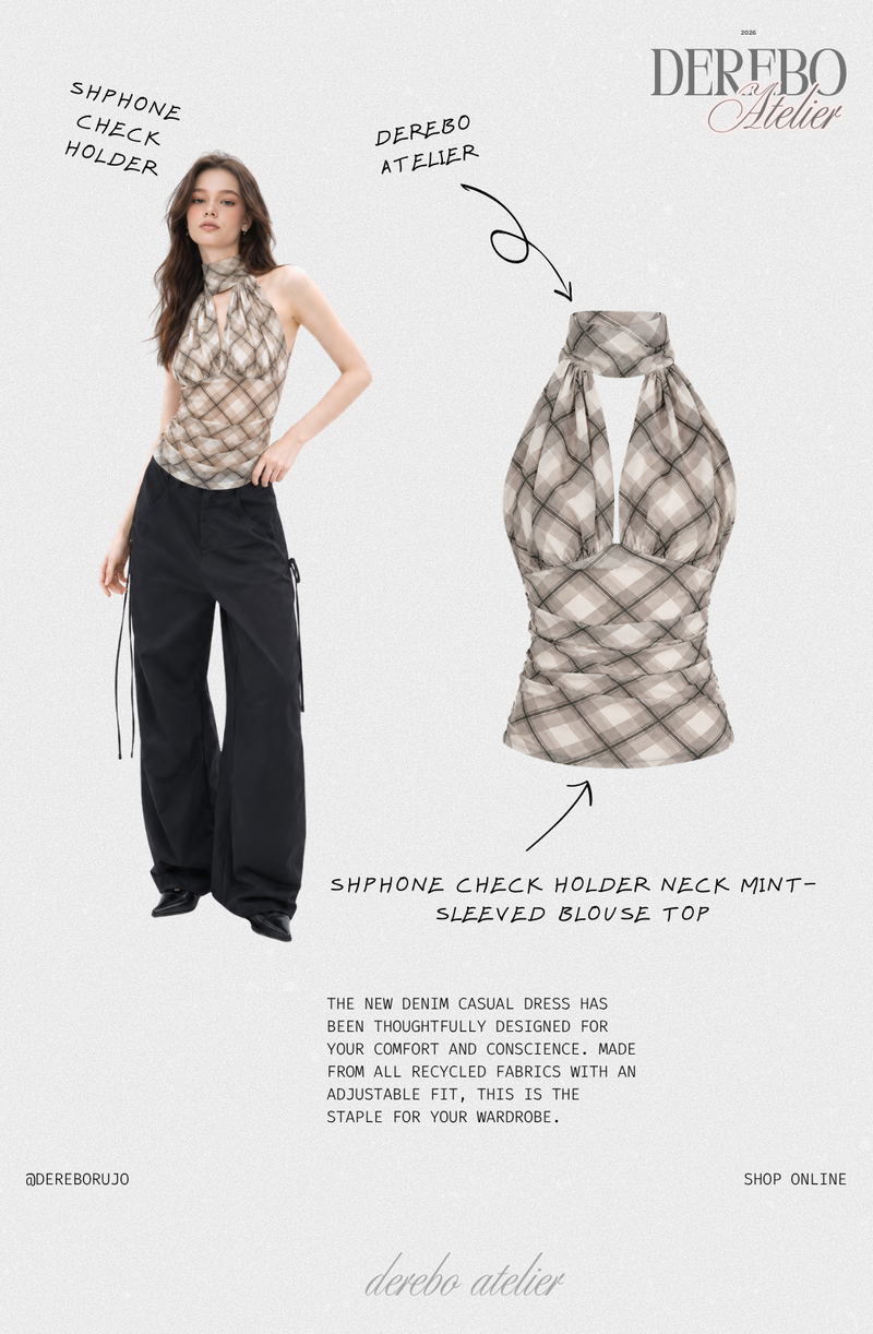 Shphone check holder neck mint-sleeved blouse Top