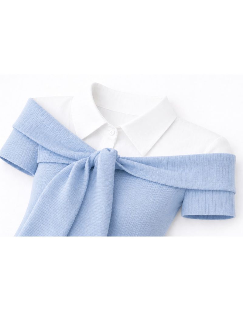 Elly Off-Shoulder Tie Ribbed Short Sleeve Knit T-Shirt Skyblue