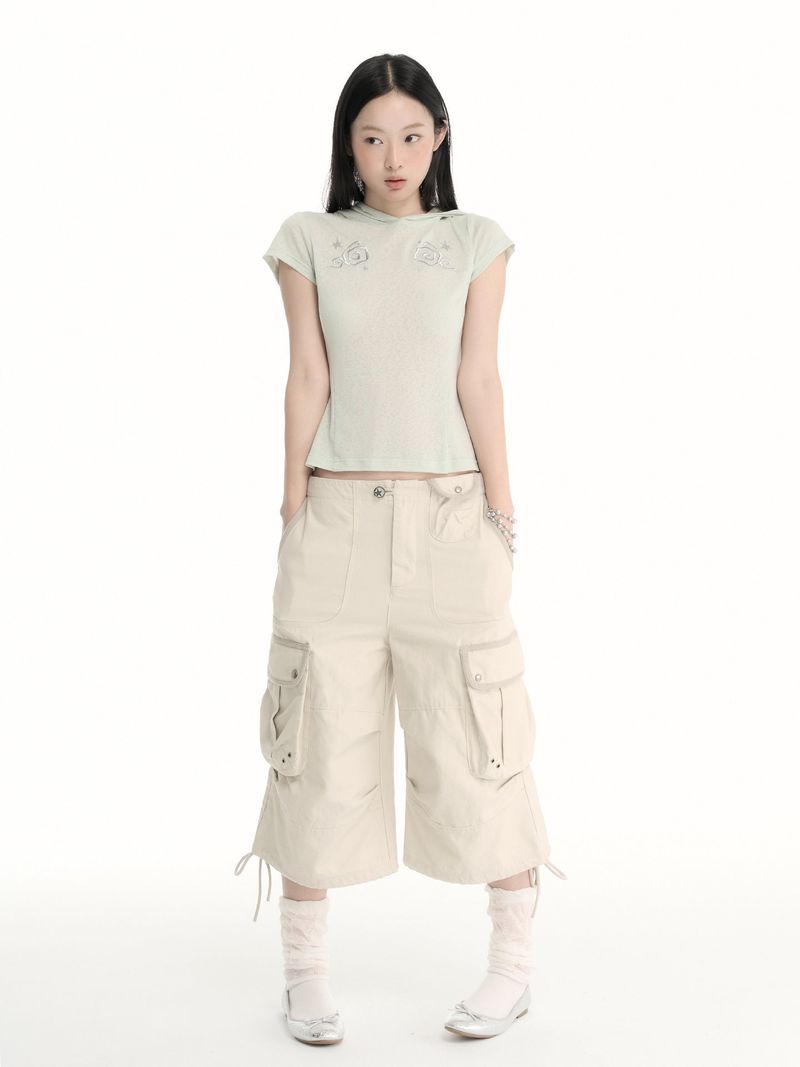 CONFUN Embroidered Silver Thread Patterned Split Design Semi-transparent Linen Fabric Tight-Fitting Hooded Short-Sleeved T-Shirt
