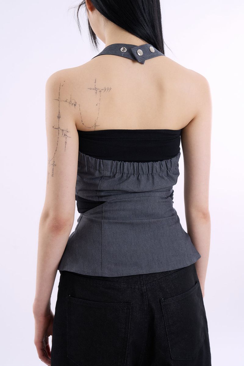 Denim snap cut out sleeveless top
