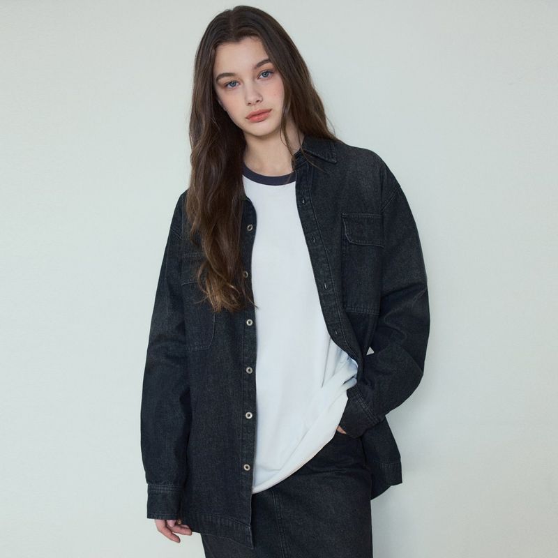 Washed Flap Denim Shirt_Black