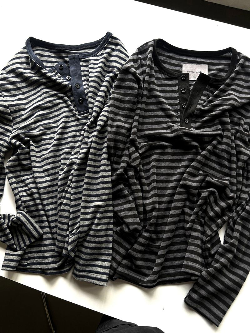 COSYHARU(コシハル)の「Black & Charcoal Striped Henley Long Sleeve(Tops)」