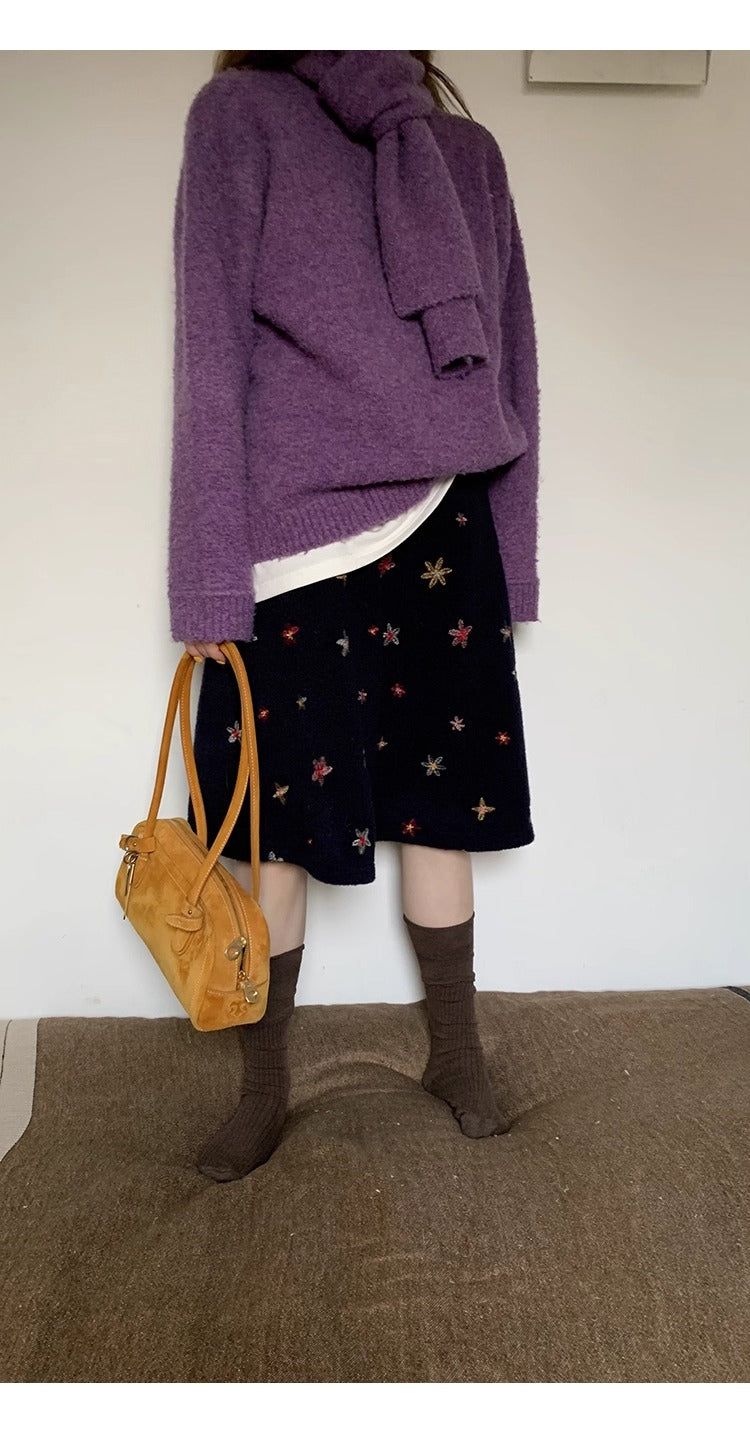 floral embroidered flare wool midi skirt
