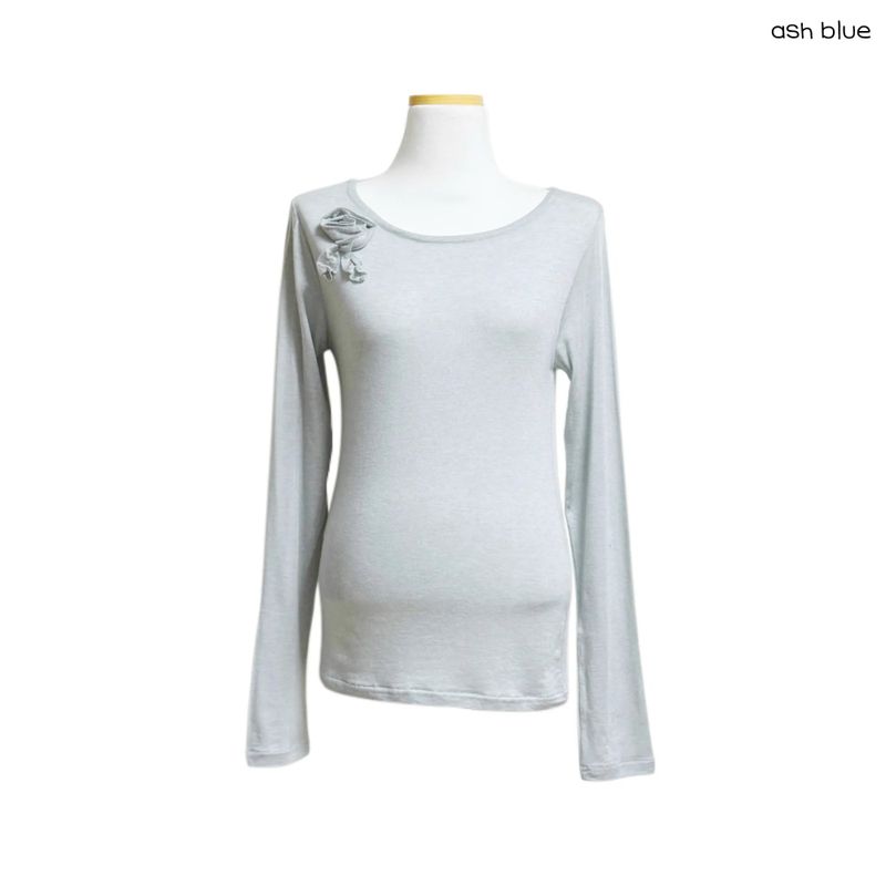 (3color) Rose Appliqué Wool Long Sleeve Tee