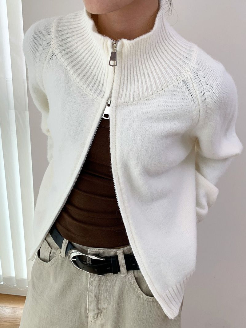 Stand Collar High Neck Zip-Up Long Sleeve Knitwear