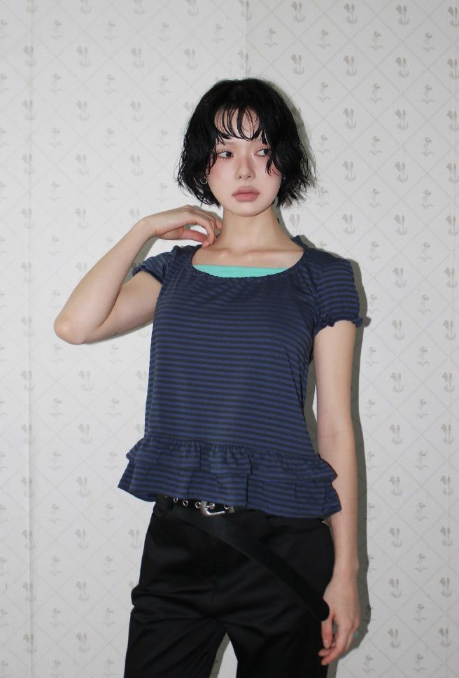 STRIPE HALTER FRILL TEE
