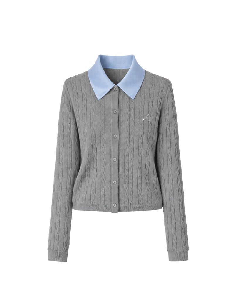 TWEEDY-A（ツウィーディア）の「Elodie Silk Collar Cable Knit Cardigan Grey（Tops）」