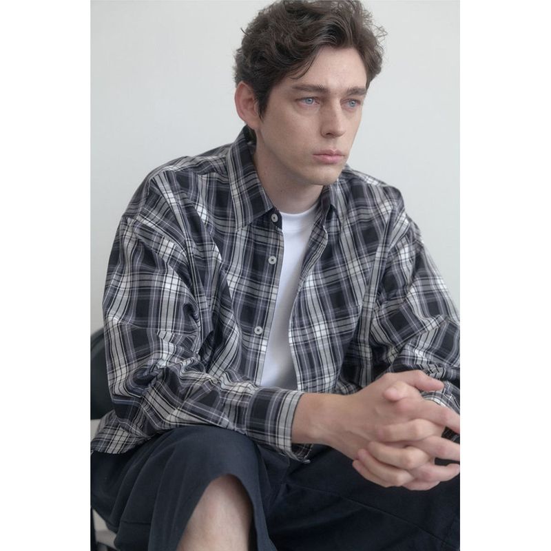 Vintage Washing gray blue check shirts