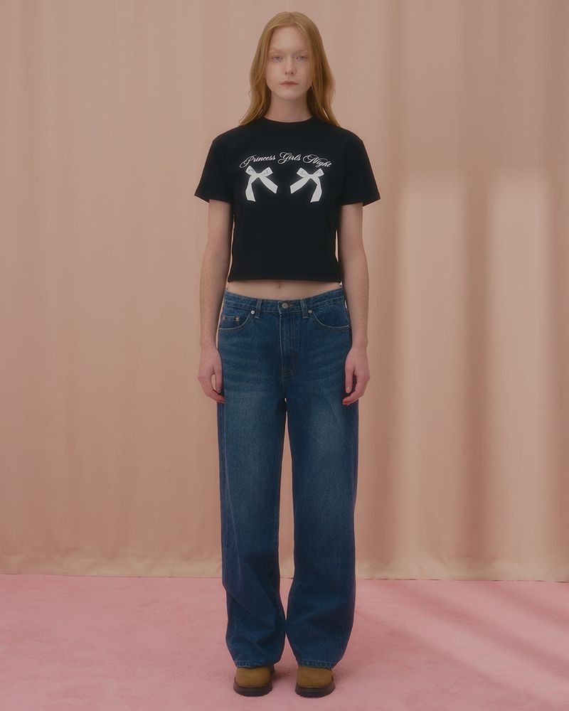 PRINCESS TWIN RIBBON CROP TSHIRT-BLACK